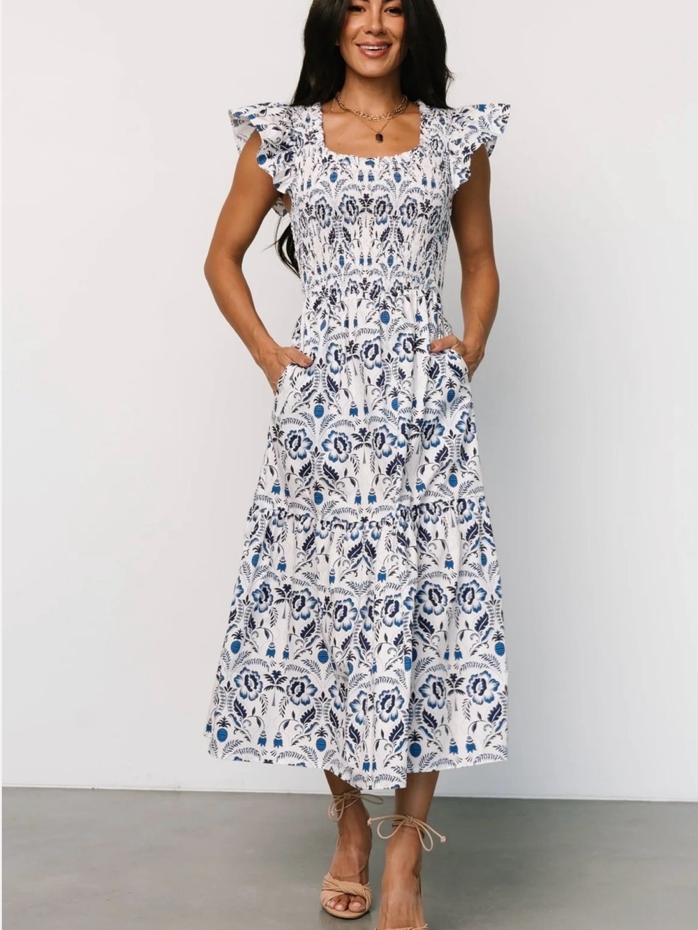 Baltic born Blue and White Floral Smocked Midi Dress - NWT Size S